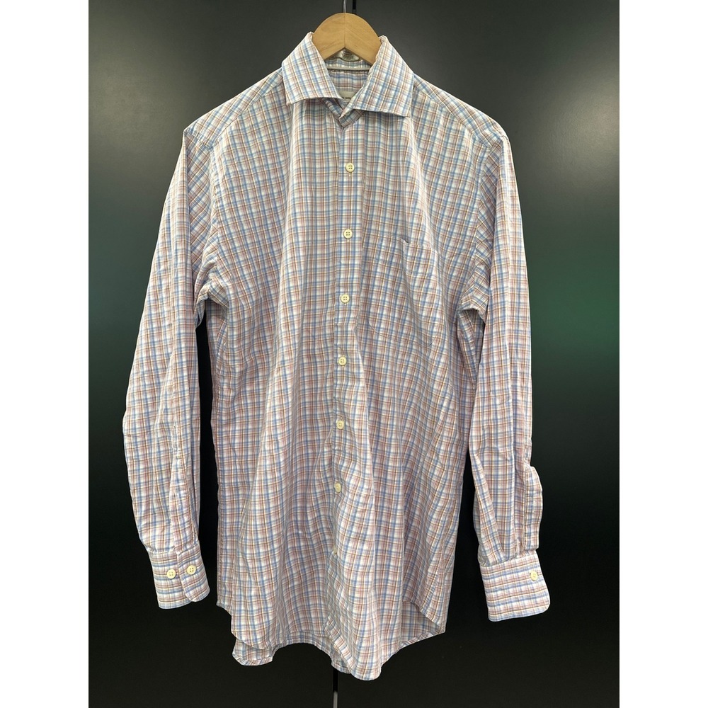 Peter Millar Mens Medium Blue Orange Plaid Cotton Long Sleeve Button Down Shirt